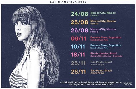 Taylor swift mexico city tickets - Taylor Swift The Eras International Tour dates: 8/24 Mexico City, Mexico Foro Sol. 8/25 Mexico City, Mexico Foro Sol. 8/26 Mexico City, Mexico Foro Sol. 11/9 Buenos Aires, Argentina Estadio River ...